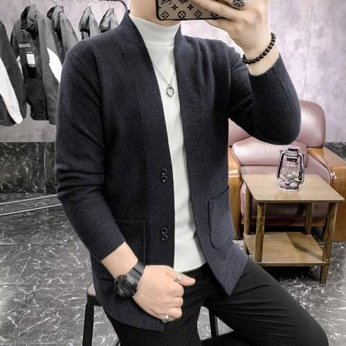 2021 Korean V Neck Slim Fit Solid Casual Sweaters Front Pocket Sweater Youth Clothing 3Xl High Quality Cardigan Men Fashion