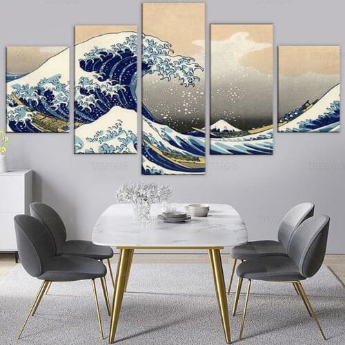 5 Piece The Great Wave Off Kanagawa Japanese Ukiyo-e Artwork Oil Painting on Canvas Wall Art for living room Home Decor framed