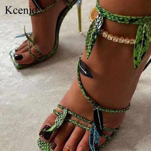 Kcenid Green Snake Print Summer Sandals Women Ankle Strap Square Toe Ladies Shoes Crystal High Heels Fashion Leaves Sandals New
