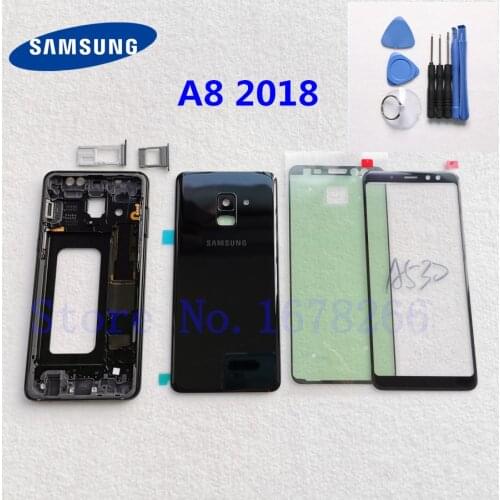 SAMSUNG Galaxy A8 2018 A530 A530F SM-A530F Full Housing Case Glass Back Cover + Front Screen Glass Lens + Middle Frame metal