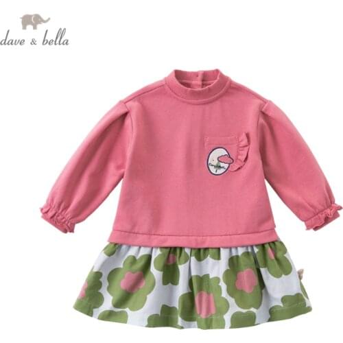 DB14855 dave bella autumn baby girls cute cartoon floral ruched dress children fashion party dress kids infant lolita clothes