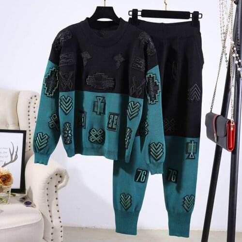Fashion Knitted Set Women Patchwork Embroidery Sweater Pencil Pants Two Piece Outfits Female Loose Casual Sports Knit Suit 2pc