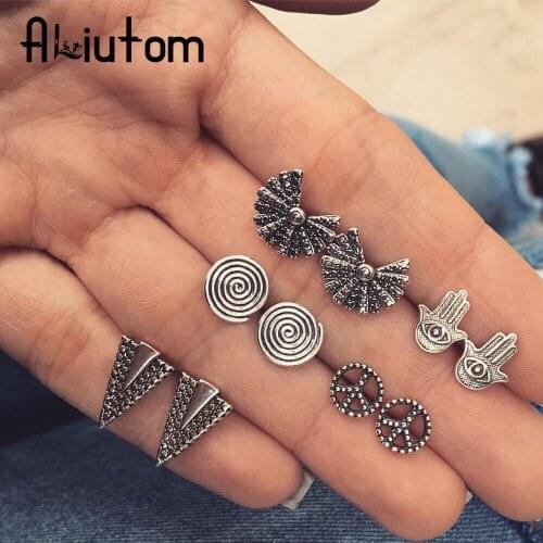 5 Pairs/Set Vintage Tribal Silver Color Hand Fan Round Triangle Shape Stud Earring Set for Women Metal Carved Stud Earrings