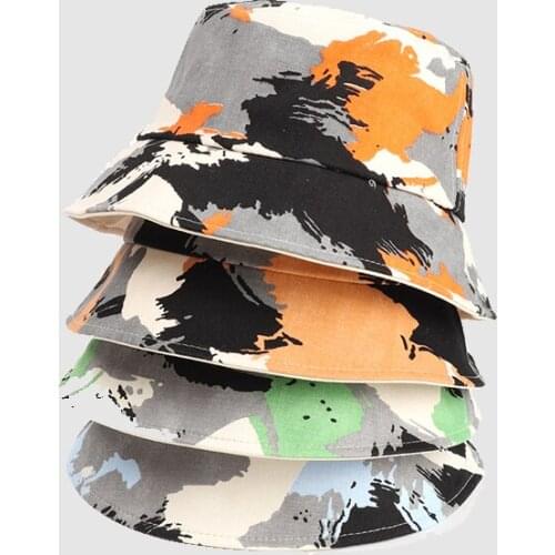 Womens Bucket Hat Spring And Summer Camouflage Graffiti Female Fisherman Cap Cotton Sun Cap Travel Sunshade Female Bucket Hats