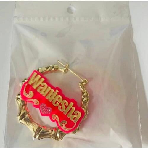 Popular Hip Hop Big Bamboo Hoop Acrylic Earrings Necklaces Customize Piercing Earrings Name Bamboo Hoop Women Earring Chain Gift
