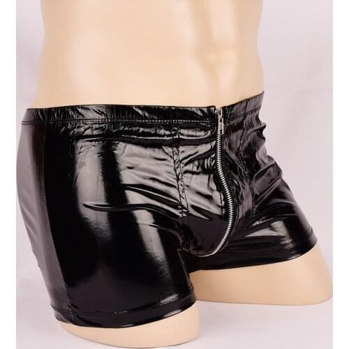 PVC patent Pleather Men Black Sexy Open Crotch Underwear Zipper Shine Pouch Gay Erotic Boxer