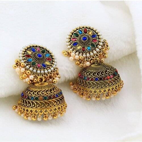 R2LE Indian Vintage Bollywood Gypsy Gold Plated Boho Bell Ear Rings Traditional Jhumka Jhumki Earrings for Women and Girls