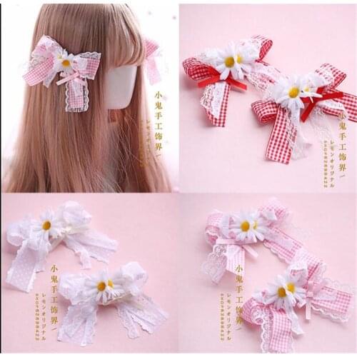 Mori Girl Plaid daisy flower Bowknot Hair clip Lolita girl Hair Pin Headwear Cosplay Hair Accessories Side clip B537