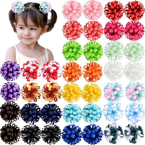 40Pcs Cute Hair Ball Flower Grosgrain Ribbon Fully Lined Hair Clips for Baby Girls Toddlers and Children 20 Colors in Pairs