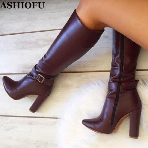 ASHIOFU New Hot Style Handmade Ladies Chunky Heel Boots Buckle Strap Party Prom Knee Boots Evening Plus Size Fashion Boots Shoes