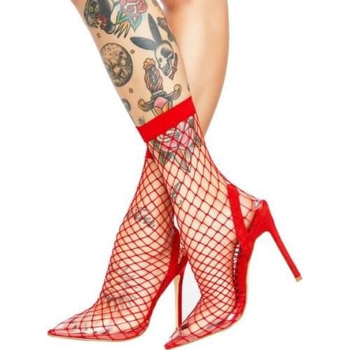 New Arrivals Red Black Mesh Net Ladies Sandals Cut-out Pointed Toe Slingback Dress Shoes Gladiator Heels Women Shoes Sandals