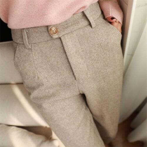 Women Herringbone Woolen Pants Winter High Waist Warm Harem Trousers Slim Casual Suit Pants For Female