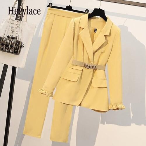 Plus Size Women Blazer Work Suit Jacket Coat Top And Pant Two Piece Office Lady Matching Set 2021 Autumn Winter Yellow Clothing