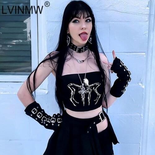 LVINMW Gothic Slim Basic Printed Strapless Sleeveless Tank Tops Goth Navel Casual Fashion Backless Women Crop Top Streetwear
