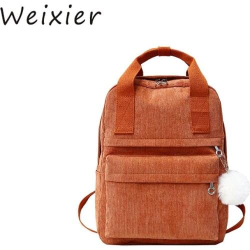 WEIXIER Backpack for Women Fur Ball Solid Color Corduroy Backpack for Girls Spring Winter Velvet Travel Mochila Feminina V4-66