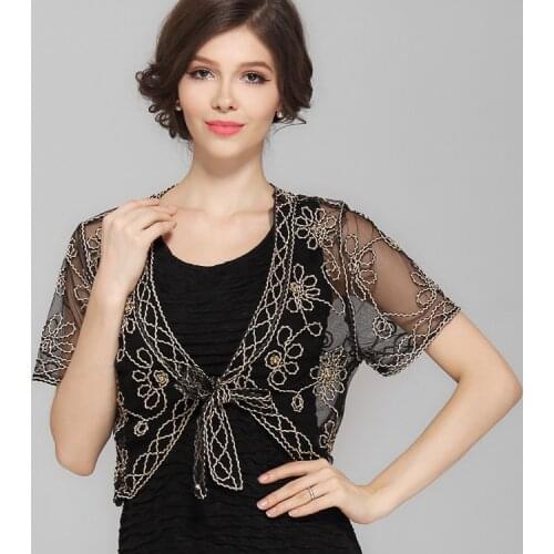 Summer Crochet Lace Mesh Shrug Bolero Women V Collar Short Sleeve Embroidery Flower See-Through Vintage Cardigan Shawl Coat
