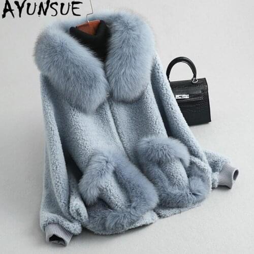 AYUNSUE Real Fur Coat Female Fox Fur Collar 100% Wool Coats 2020 Autumn Winter Jacket Women Korean Outwear Chaqueta Mujer