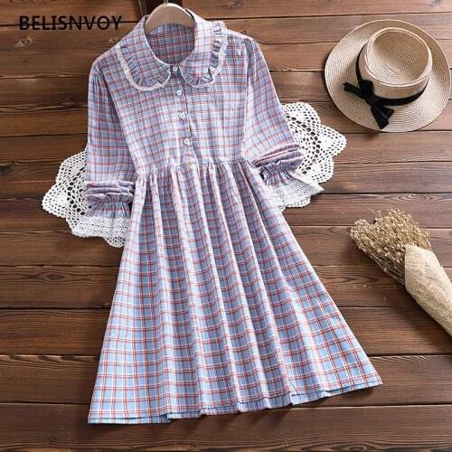 Japanese Preppy Style Spring Fall Women Dress Peter Pan Collar Crochet Lace Plaid Retro Dress Long Sleeve Cute Kawaii Dresses