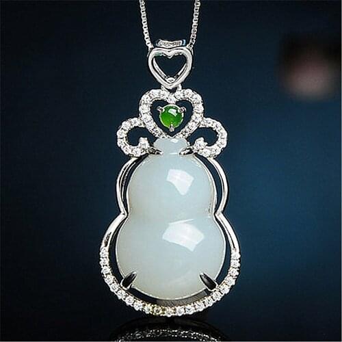 Vintage lucky gourd jade zircon diamonds gemstones pendant necklaces for women white gold color jewelry bijoux birthday gifts