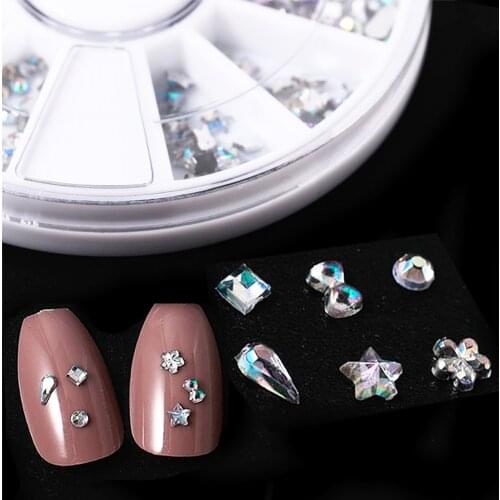 6 Mixed Shape Wheel White AB Rhinestone for Nail Glitter Diamond Waterdrop Blossom Decor Accessory Nail Art Jewelry Stone DIY