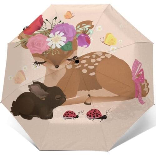 Automatic Umbrella Rain Women Three-folding Umbrella Cute Deer Windproof Umbrella Female Waterproof parasol
