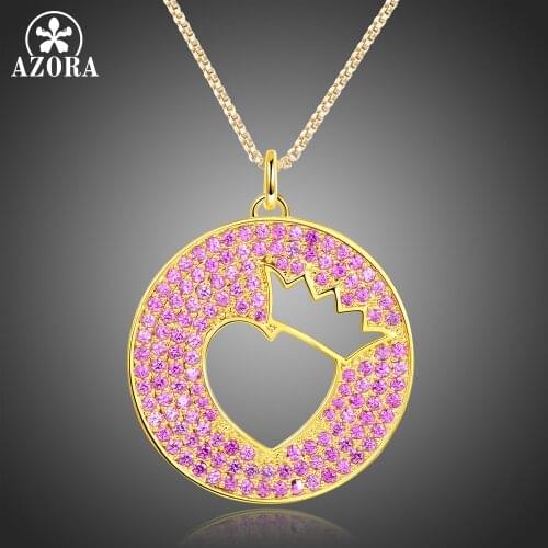 AZORA Elegant Gold Crown Heart Hollow Round Pendant Necklaces for Women Full Paved Purple Cubic Zircon Necklaces Jewelry TN0269