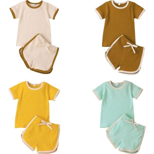 2pcs Kids Baby Girls Casual Outfit Set Short Sleeve Color Block Tops+Shorts Set for Children Girls Clothing 0-6Years