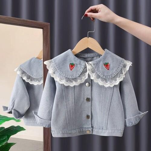 Toddler Baby Denim Jacket Cute Korean Style Kids Girl Lace Collar Single-Breasted Outerwear Children Girls Casual Coat
