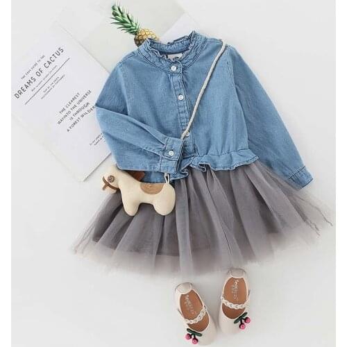2021 Spring Autumn 2 3 4 6 8 10 11 12 Years Teenage Crew Neck Long Sleeve Lace Mesh Patchwork Denim Dress For Baby Kids Girls