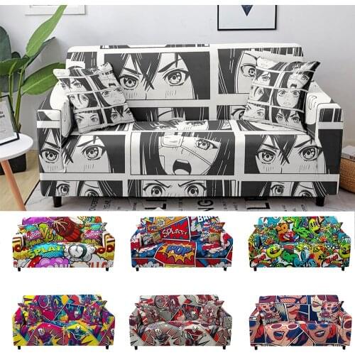 Cartoon Patchwork Pattern Elastic Sofa Covers for Living Room Slipcovers Hippie Hip Pop Couch Cover Corner Sofa Cover 1-4 Seat