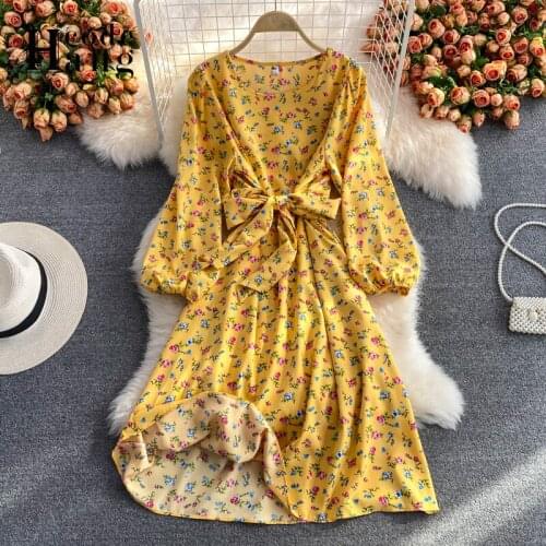 HangCode Women Clothing 2021 Early Autumn Long Sleeve Lace-up Midi Dress Vestidos Vintage Floral Print Big Wing Elegant Dress