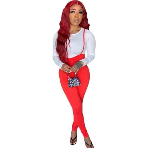 Red Black Autumn Fall Two Piece Matching Set Women White Long Sleeve Basic T-shirt and Suspender Bodycon Trouser Co Ord Suits