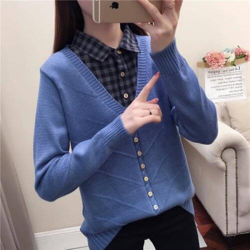 Fashion 2019 new Autumn Shirt collar Sweater Office lady Long Sleeve Casual Fake Two Pieces Knitted Sweater Pullover Women Tops