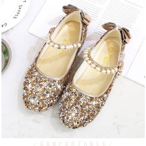 Fashion Princess Kids Leather Shoes for Girls Flower Casual Glitter Children Flats Girls pearl Shoes Butterfly Knot Gold Pink