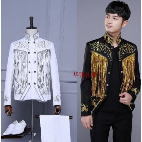 Tassel sequins blazer men formal dress latest coat pant designs suit men costume homme suits for mens dance singer white black
