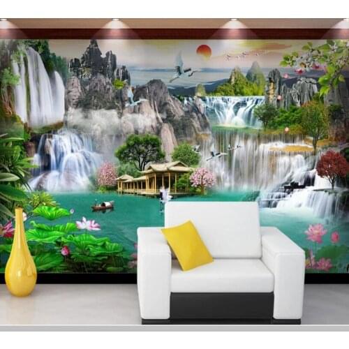 Papel de parede Chinese style landscape painting waterfall lake crane 3d wallpaper,living room tv wall bedroom restaurant mural