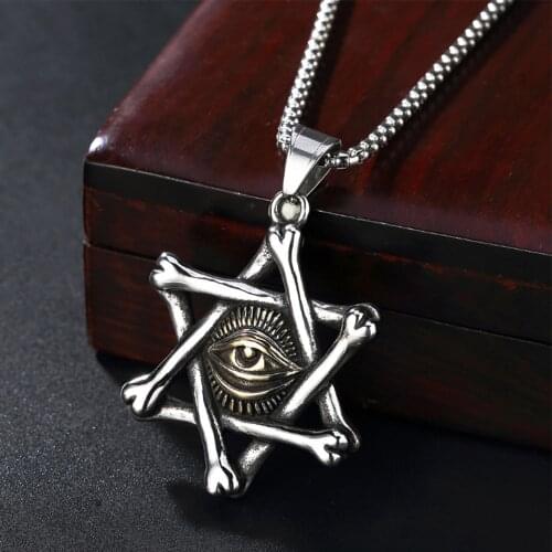 Retro Freemason All Seeing Eye Pendant Necklace Men Punk Stainless Steel Biker Six-Pointed Star Necklace Pendant Jewelry