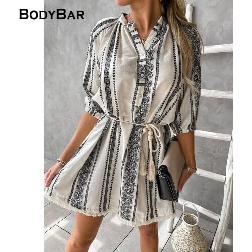 Fashion Plus Size Dresses Buttoned Khaki Striped Tassel Dress For Ladies Summer Turndown Collar Casual Shirt Mini Dress Vestidos