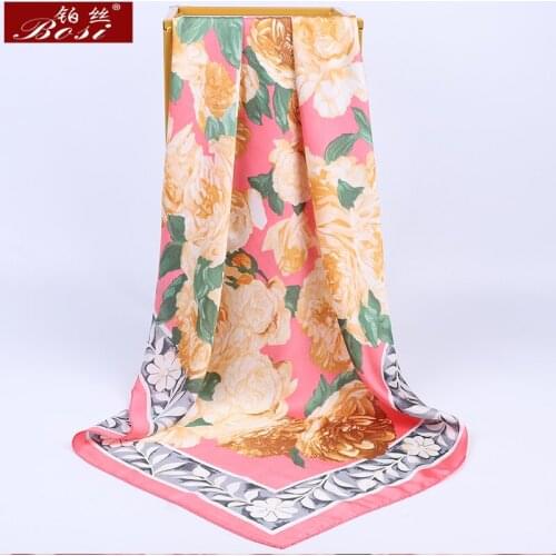 BOSI 2020 New Design Pink flowers Square Silk Scarf 90*90cm Women fashion Luxury Brand Big Hijab Satin Scarves Peony Shawl