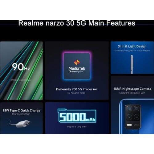 Pre-sale World Premiere Global Version Realme Narzo 30 5G Smartphones 4GB 128GB 6.5" Dimensity 700 Octa-core 48MP 5000mAh NFC
