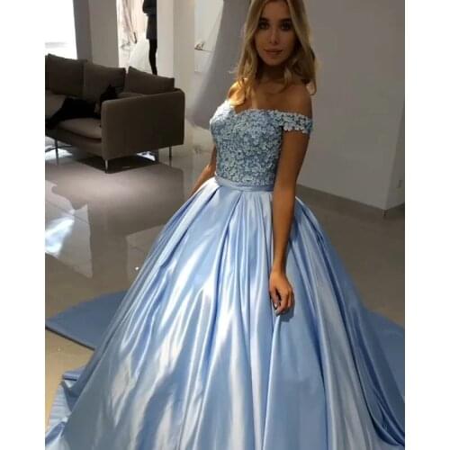 Light Blue Ball Gown Satin Prom Dresses 2021 Appliques Off Shoulder Formal Evening Party Gowns vestidos de gala