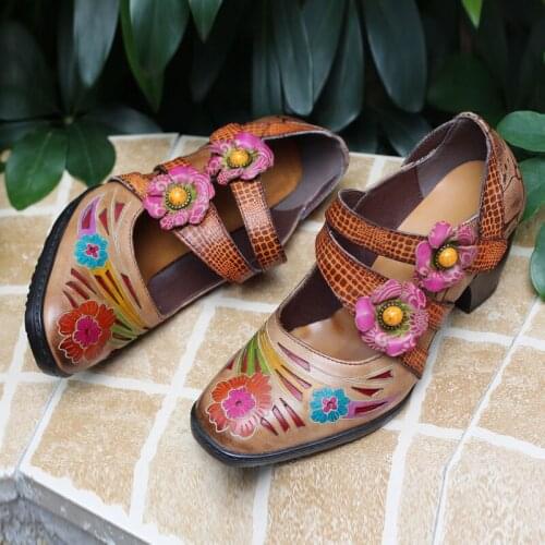 YourSeason Women Casual Flower Shoes Hand Painted 2020 Genuine Leather Round Toe Sewing Ladies Retro Pumps Hook & Loop