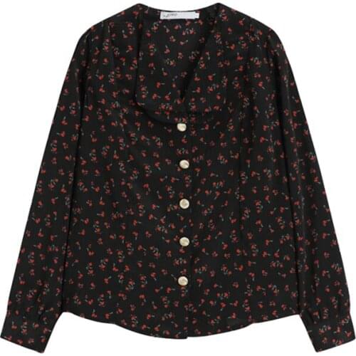 PERHAPS U Women Vintage Puff Sleeve Floral Chiffon Shirt Double-Layer Collar V-neck Shirt B3013