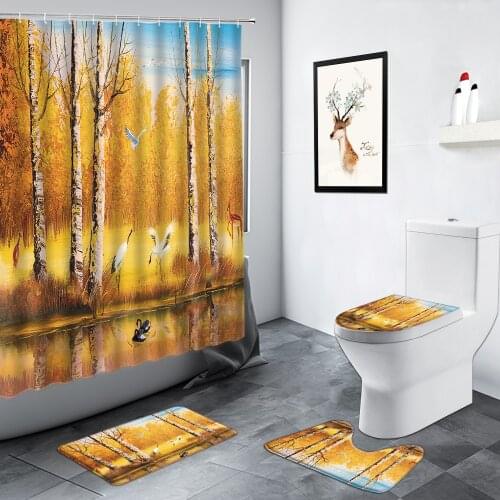 Autumn Landscape Oil Painting Shower Curtain Yellow Leaves Birds River Forest Scenery Bathroom Decor Bath Mats Non-slip Rug Set