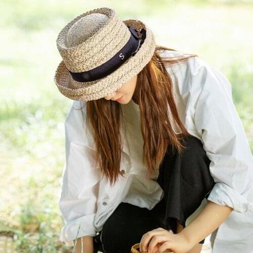 Womens Natural Straw Hat Fedoras Foldable Big Brim Summer SunHats Derby Raffia Hat Black Ribbon Panama Hat Elegant Ladies Cap