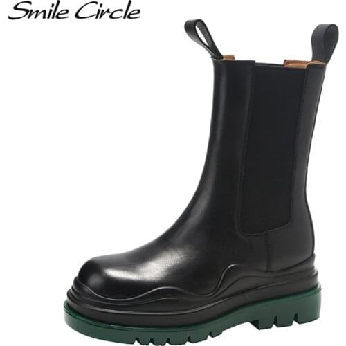Smile Circle Autumn Slip-on Chelsea Ankle Boots Women Genuine Cow Leather fashion Round-toe Platform Boots Winter Ladies shoes