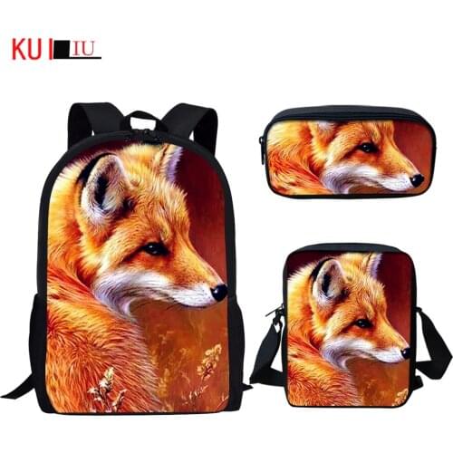 KUILIU Fox Womens Backpack 3D Print Children School Bags Set For Teen Girls Boys Animals Satchel Lunch Bag Pencil Case Dropship