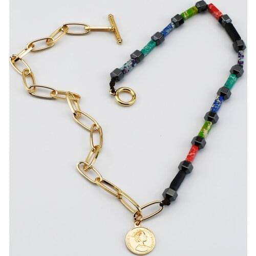 2019 Trendy Natural Stone and Hematite Necklace Half Metal Gold Color Queen Coin Pendant Necklace Unique Fashion Jewelry Women