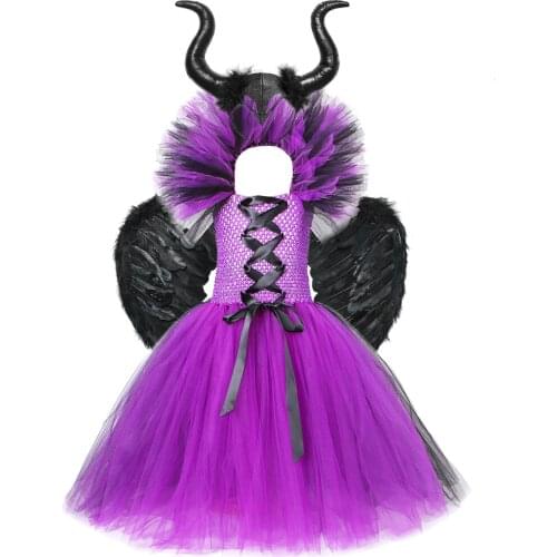 Costume for Girls Kids Halloween Long Tutu Dresses Evil Queen Witch Dress Up Costumes for Children Outfit Horn Wings