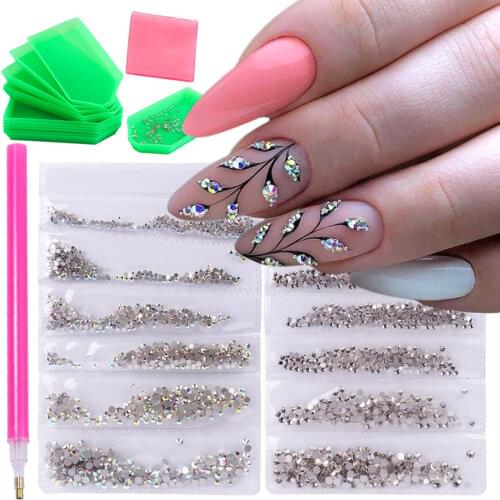 1440pcs AB White Nail Rhinestones Crystal SS3-SS40 Diamond Glitter Strass Nail Art Decorations Accessories Flatback Gems NF880